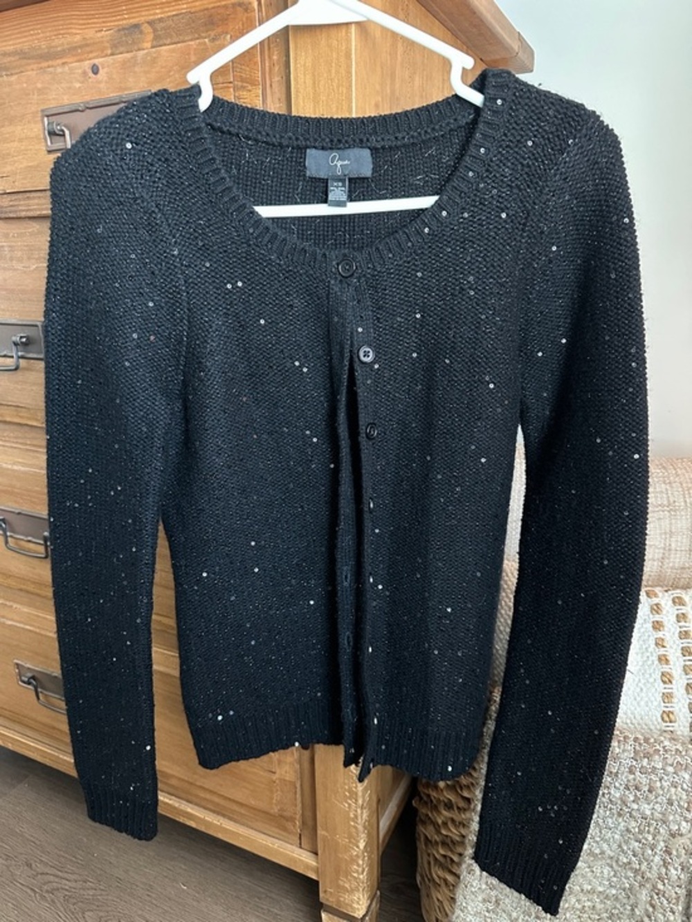 Aqua Black Sequin-Accent Button-Front Cardigan